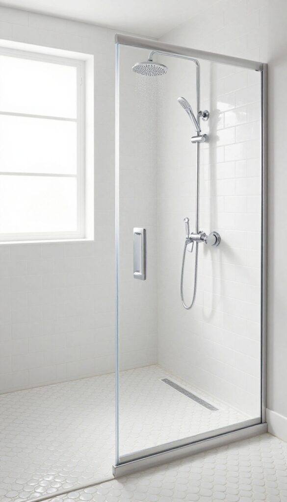 Walk-in shower with white penny tile floor and subway tile walls, modern fixtures, bright natural light