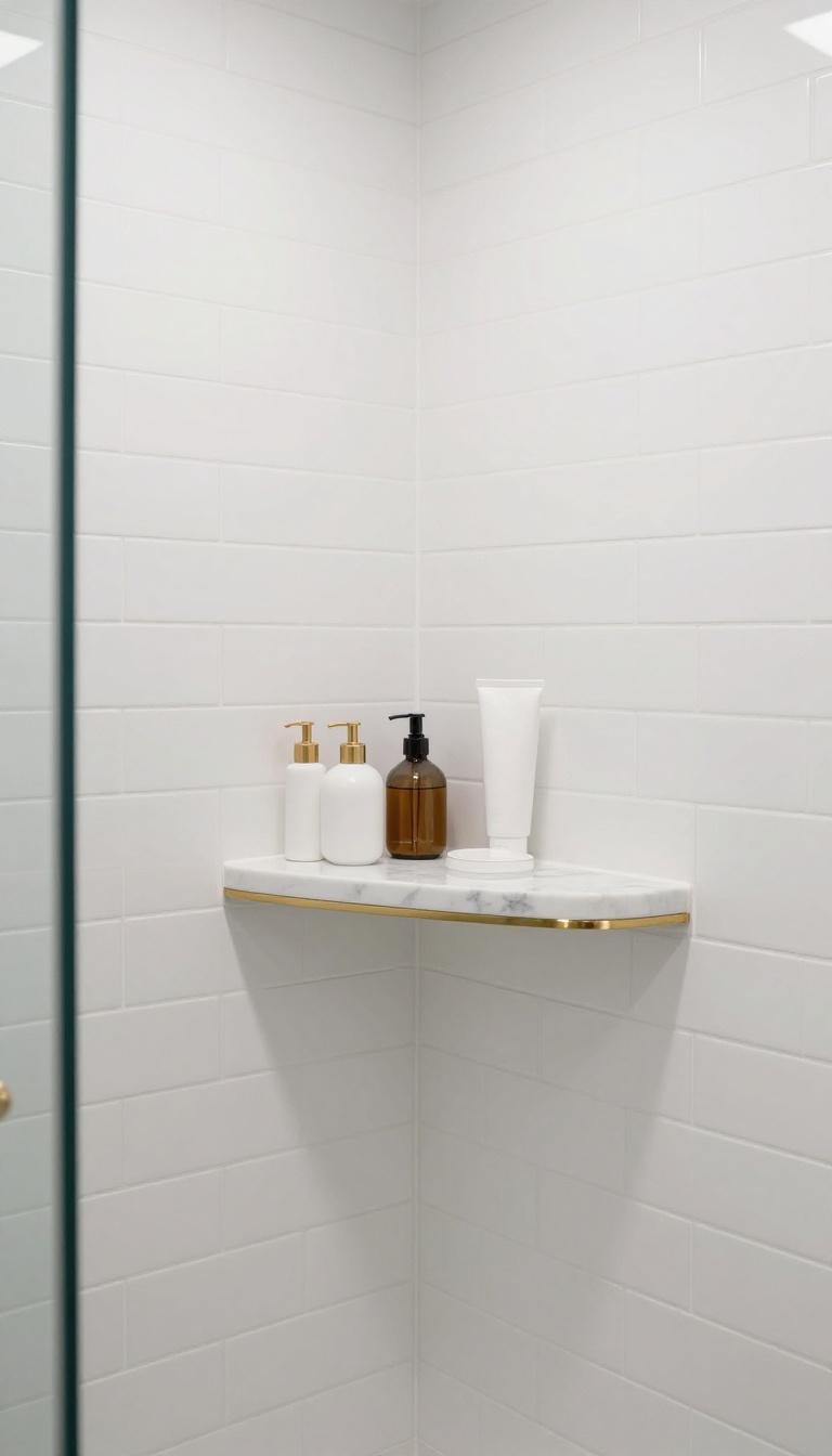 Marble shelf with brass edging in a modern shower niche
