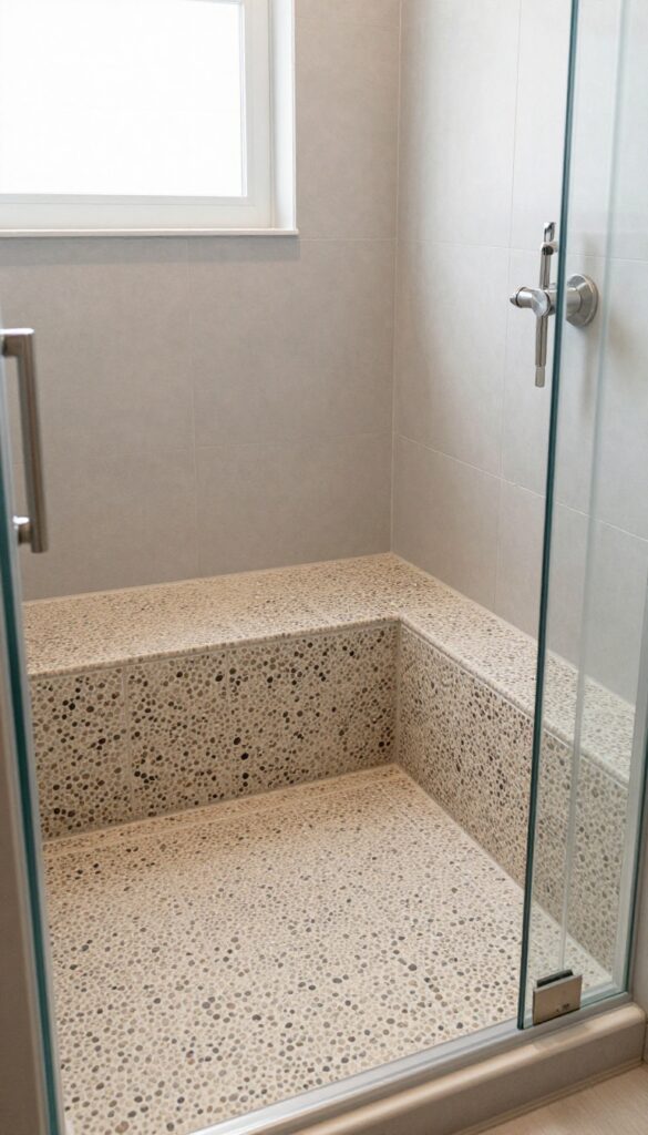 Modern walk-in shower with textured pebble tile floor and bench for slip resistance