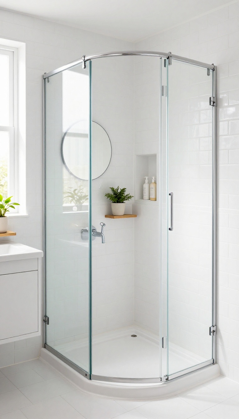 Corner shower with glass sliding door in a small bathroom with large tiles and a compact vanity