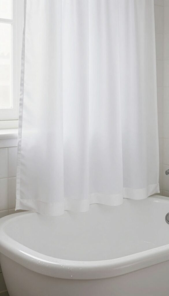 Close-up of a magnetic shower curtain liner sticking to a bathtub in a small bathroom