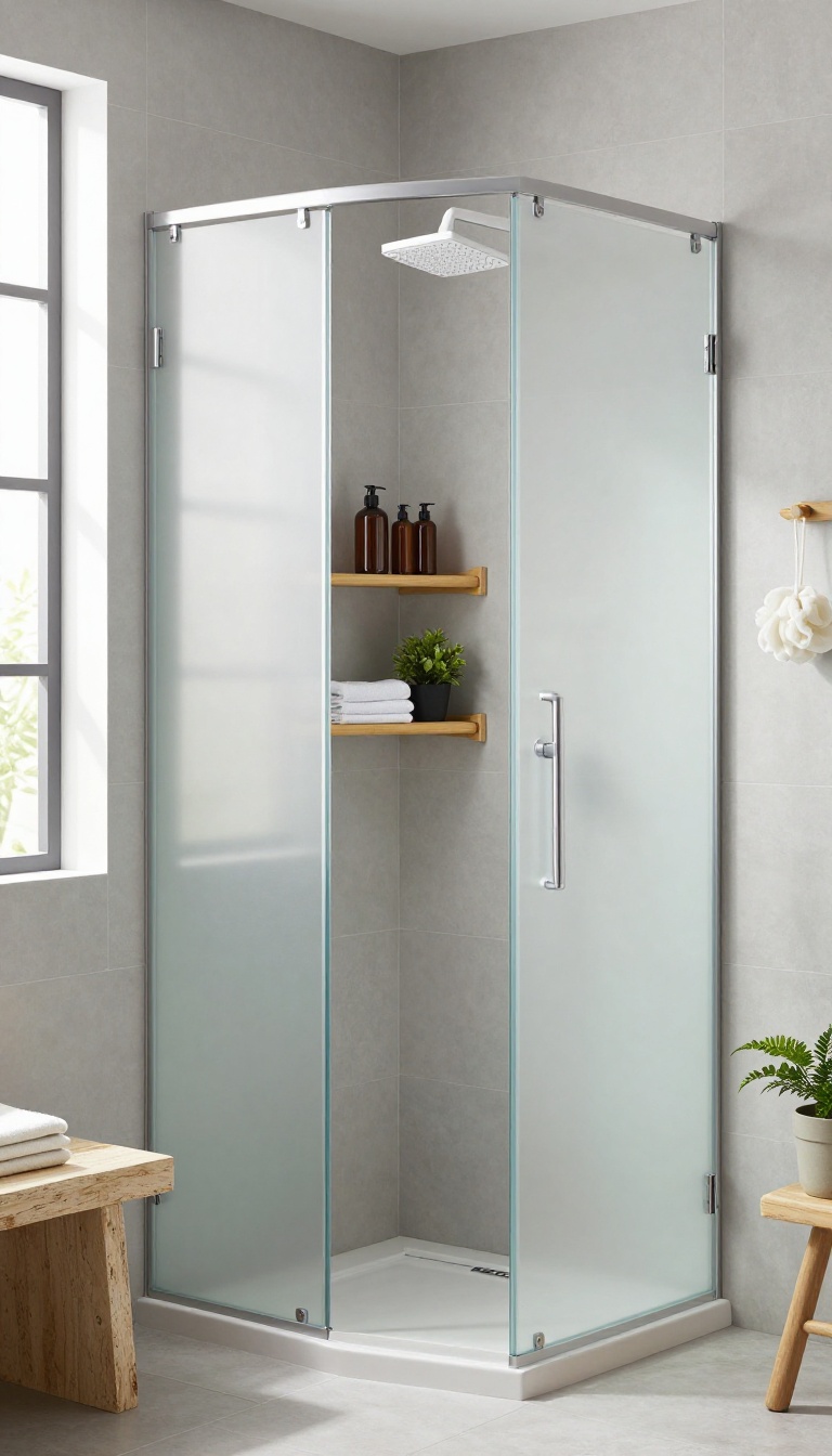 Modern walk-in shower with bamboo corner caddy shelves holding toiletries and a plant, styled with natural light and neutral tones.