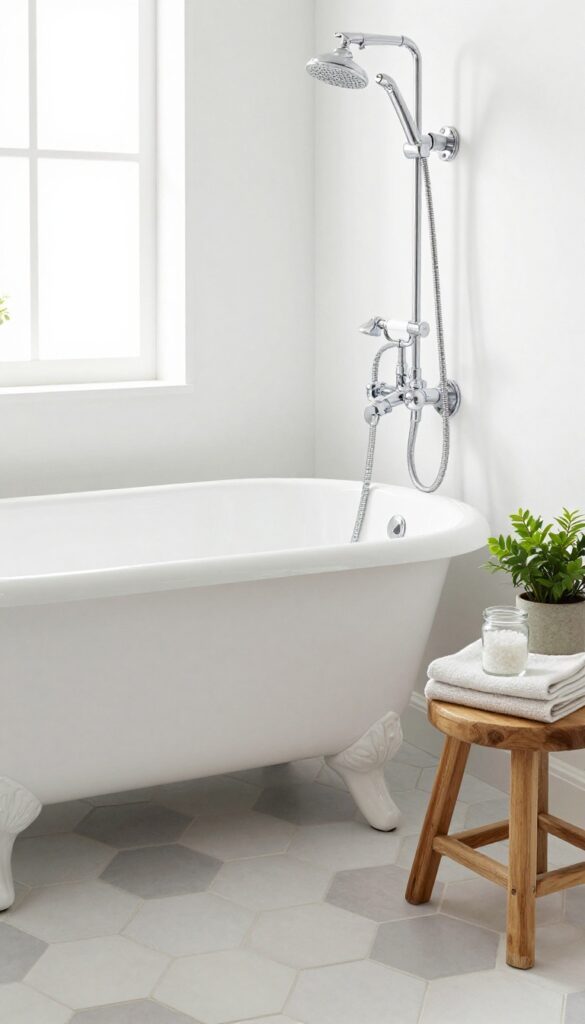 Classic clawfoot bathtub with a handheld shower in a bright, inviting bathroom