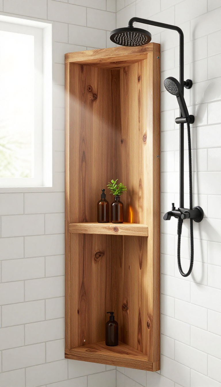 Rustic walk-in shower with a built-in reclaimed wood niche, white subway tile, and matte black fixtures in bright natural light.