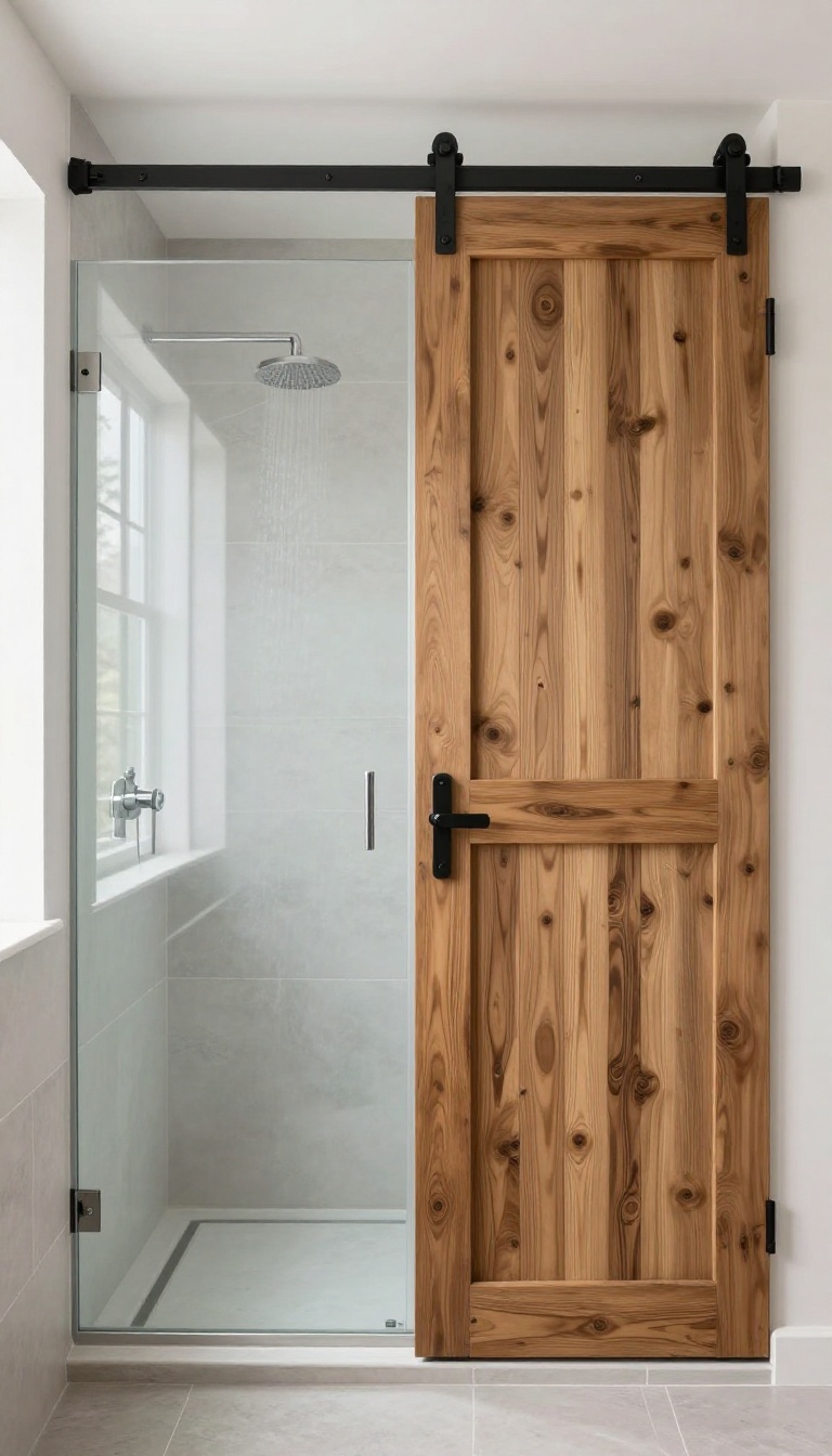 Rustic walk-in shower with a barn door style glass door in a bright, airy bathroom
