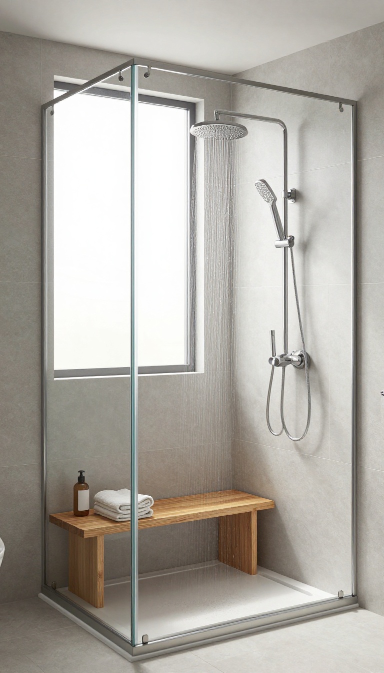 Modern walk-in shower with a teak bench and glass enclosure in a bright, spa-like bathroom