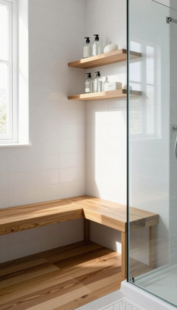 Modern bathroom shower with warm teak wood bench, mat, and shelves, contrasting with cool tiles and natural light