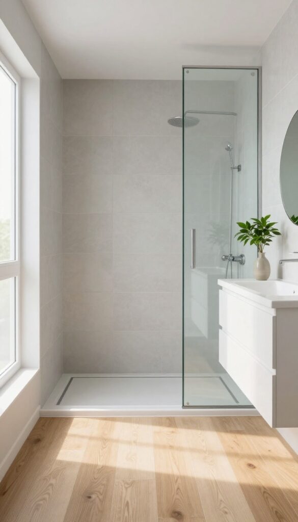 Bright, modern bathroom with a curbless shower and seamless tile transition, showcasing an accessible, step-free entry.