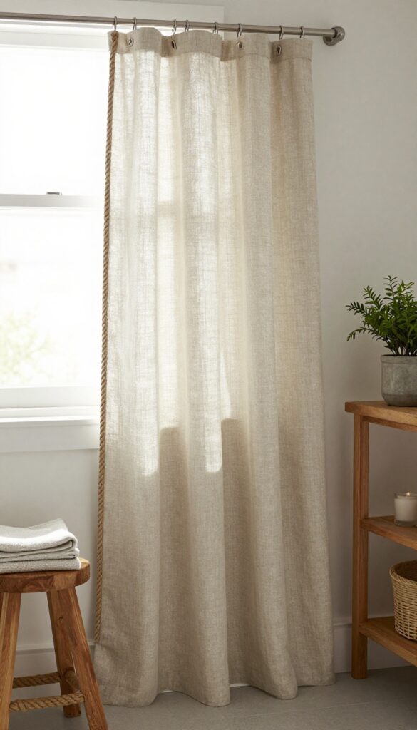 Rustic bathroom with linen shower curtain and rope tiebacks, coastal decor style