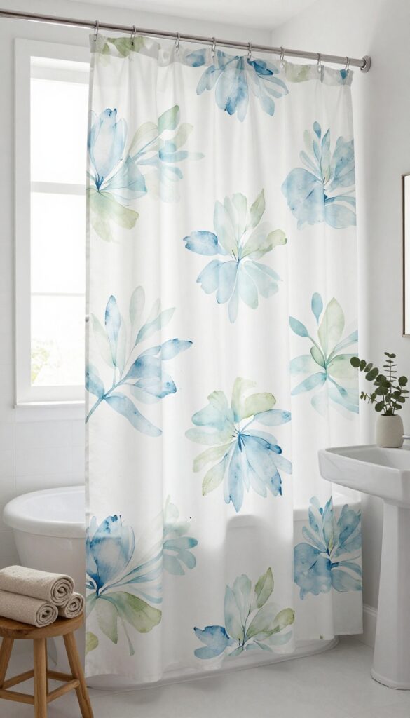 Small bathroom with a bold large-scale patterned shower curtain in light colors, making the space feel larger