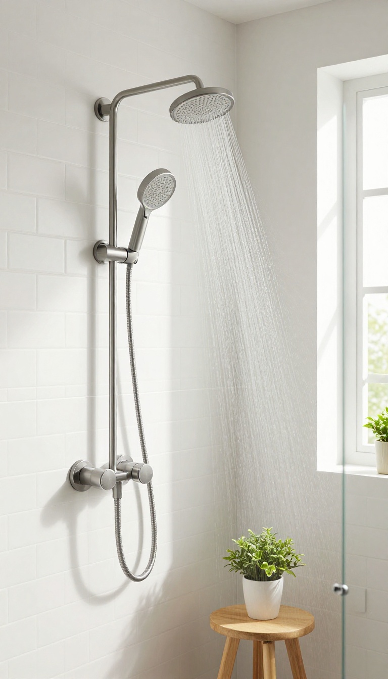 Handheld showerhead in a bright modern bathroom, demonstrating flexibility and convenience for rinsing kids, pets, or cleaning.