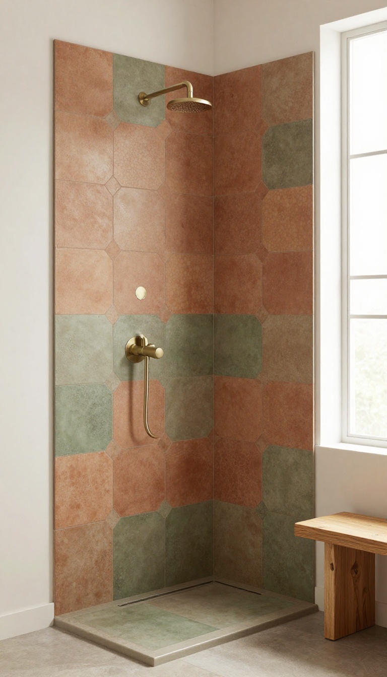 Hexagonal cement tile shower in earthy tones with rustic glaze