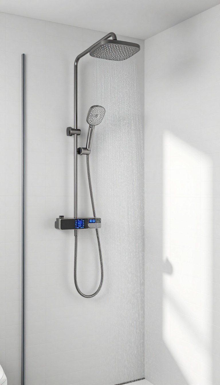 Modern bathroom with a digital shower control panel and rainfall showerhead in a bright, clean setting.