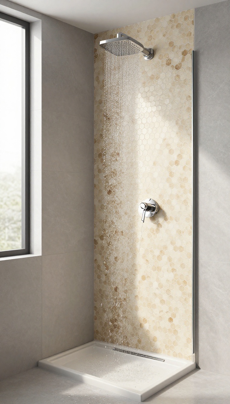Modern shower niche with sloped tiled base and mosaic tiles, designed for water drainage, in a bright luxury bathroom.