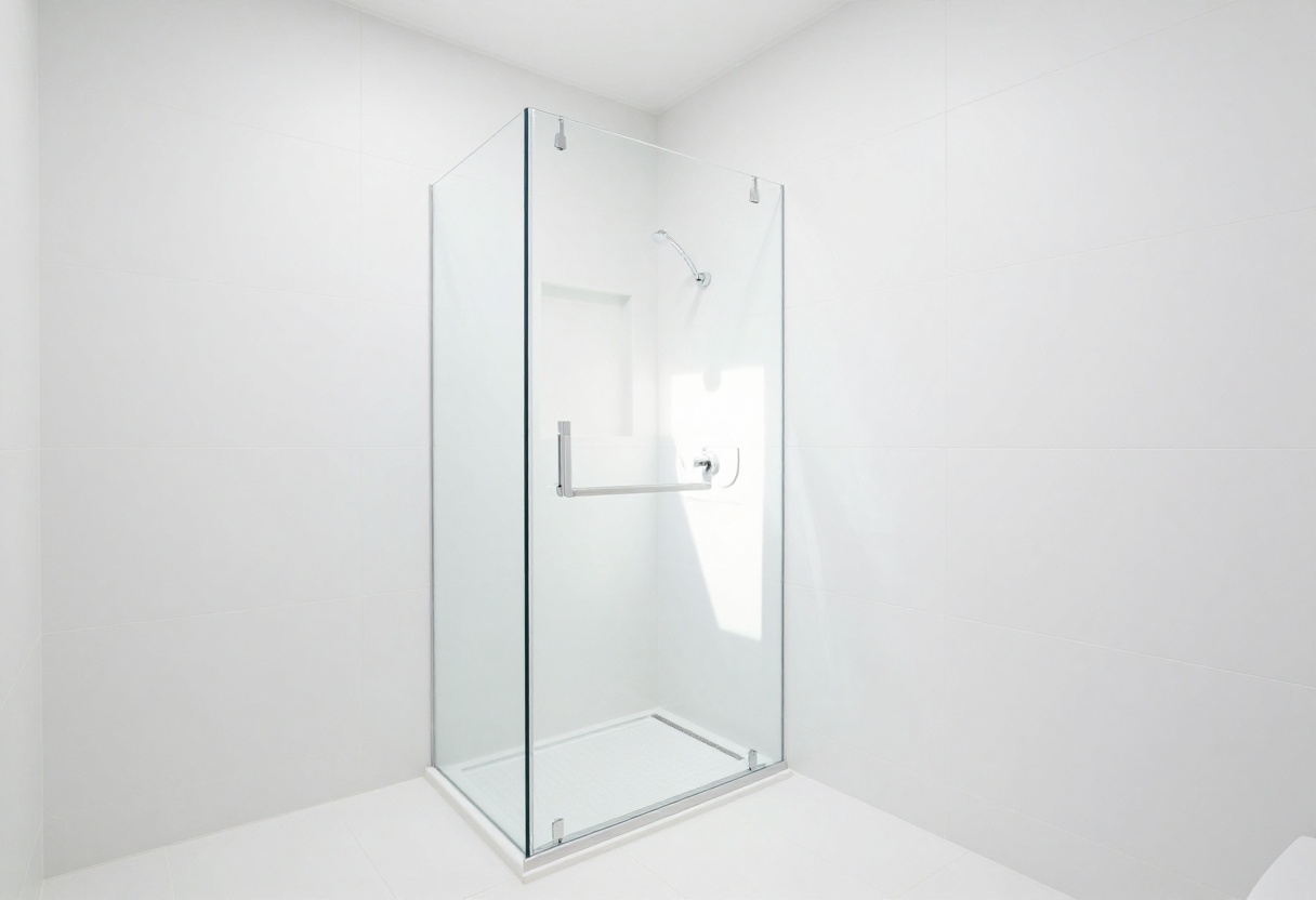 Modern walk-in tile shower with large white tiles and frameless glass