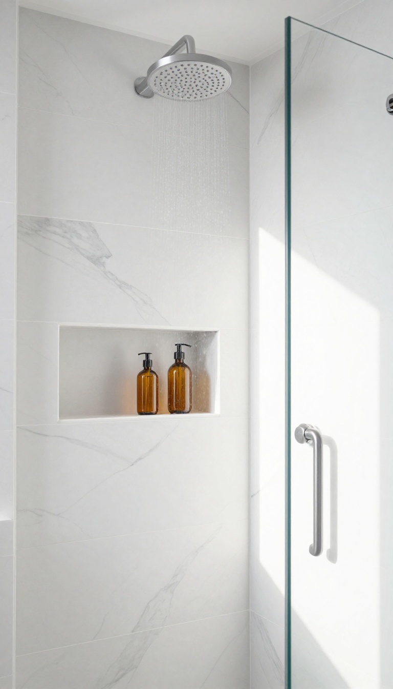Modern shower with recessed niche shelving for smart storage, tiled to match the walls