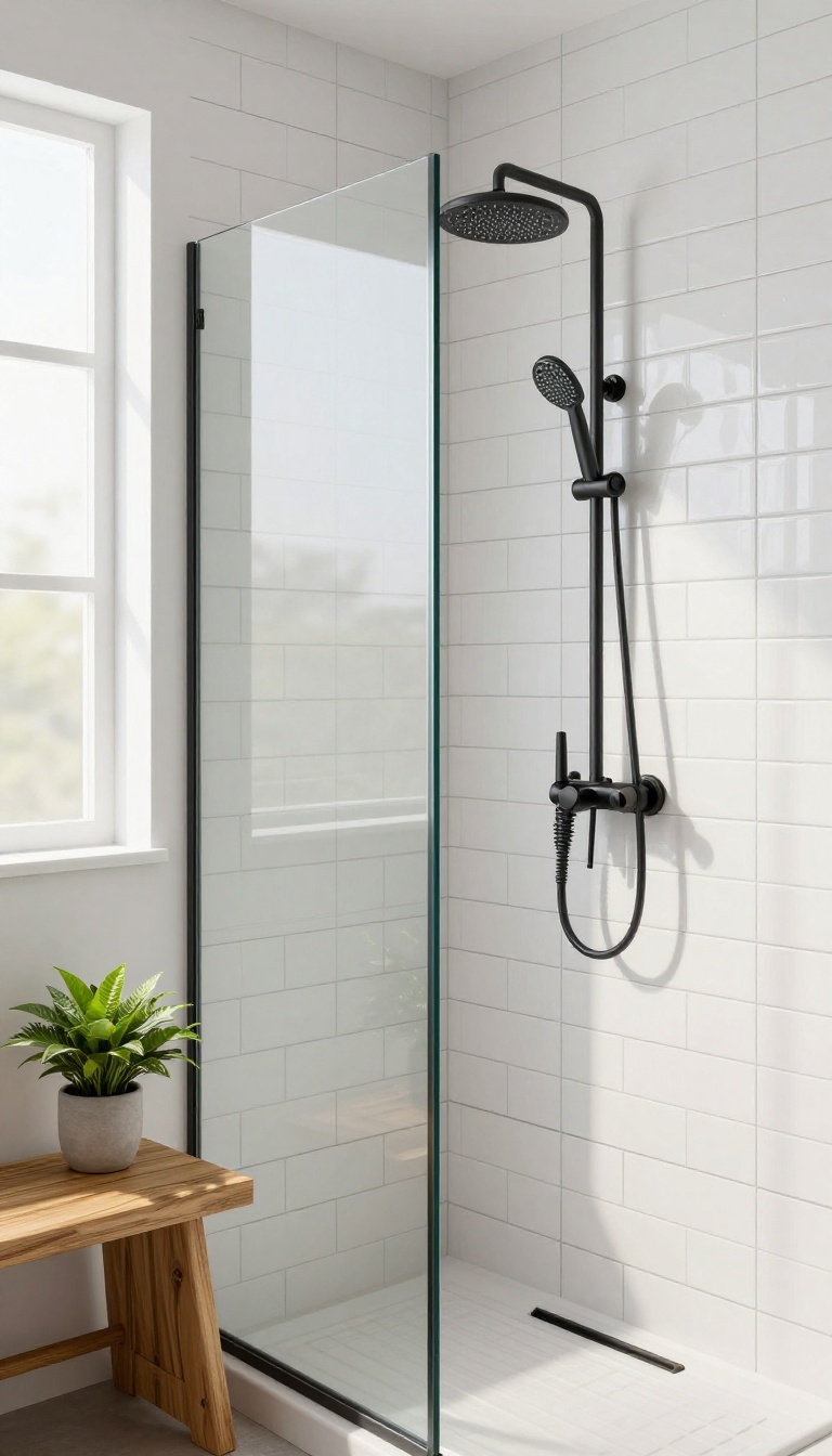 White subway tile shower with dark grout, matte black fixtures, and natural light