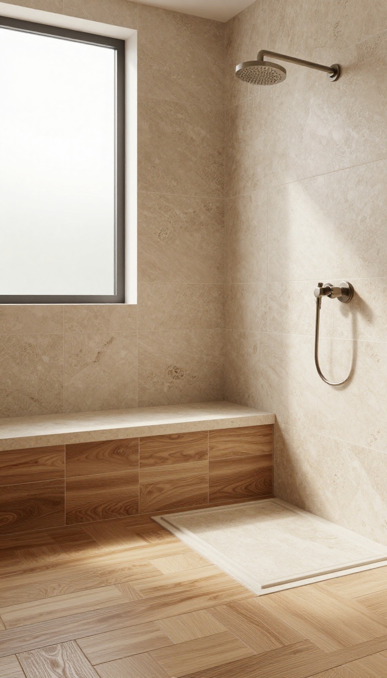 Wood tile and stone combination shower with travertine walls and wood-look herringbone floor