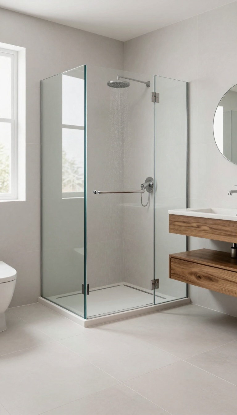 Modern curbless shower with frameless glass panel and low threshold, featuring linear drain and light gray tiles.