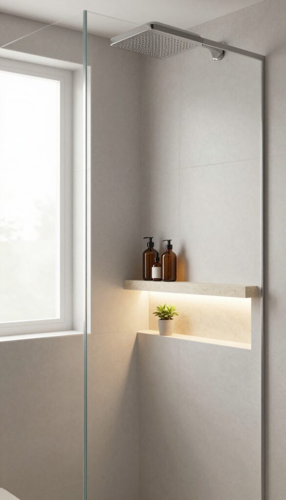 Modern shower with built-in shelf featuring integrated LED lighting