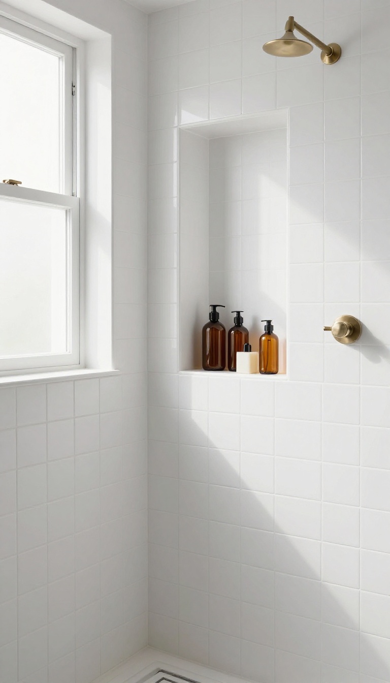 Recessed shower niche with amber bottles in a small modern bathroom