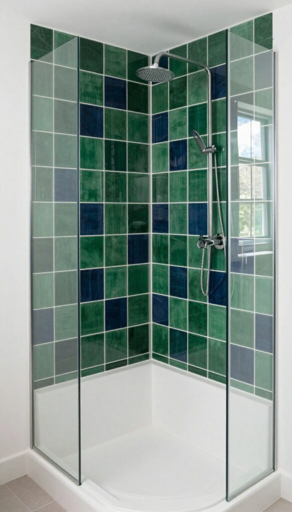 Bold geometric tile shower with a neutral built-in seat