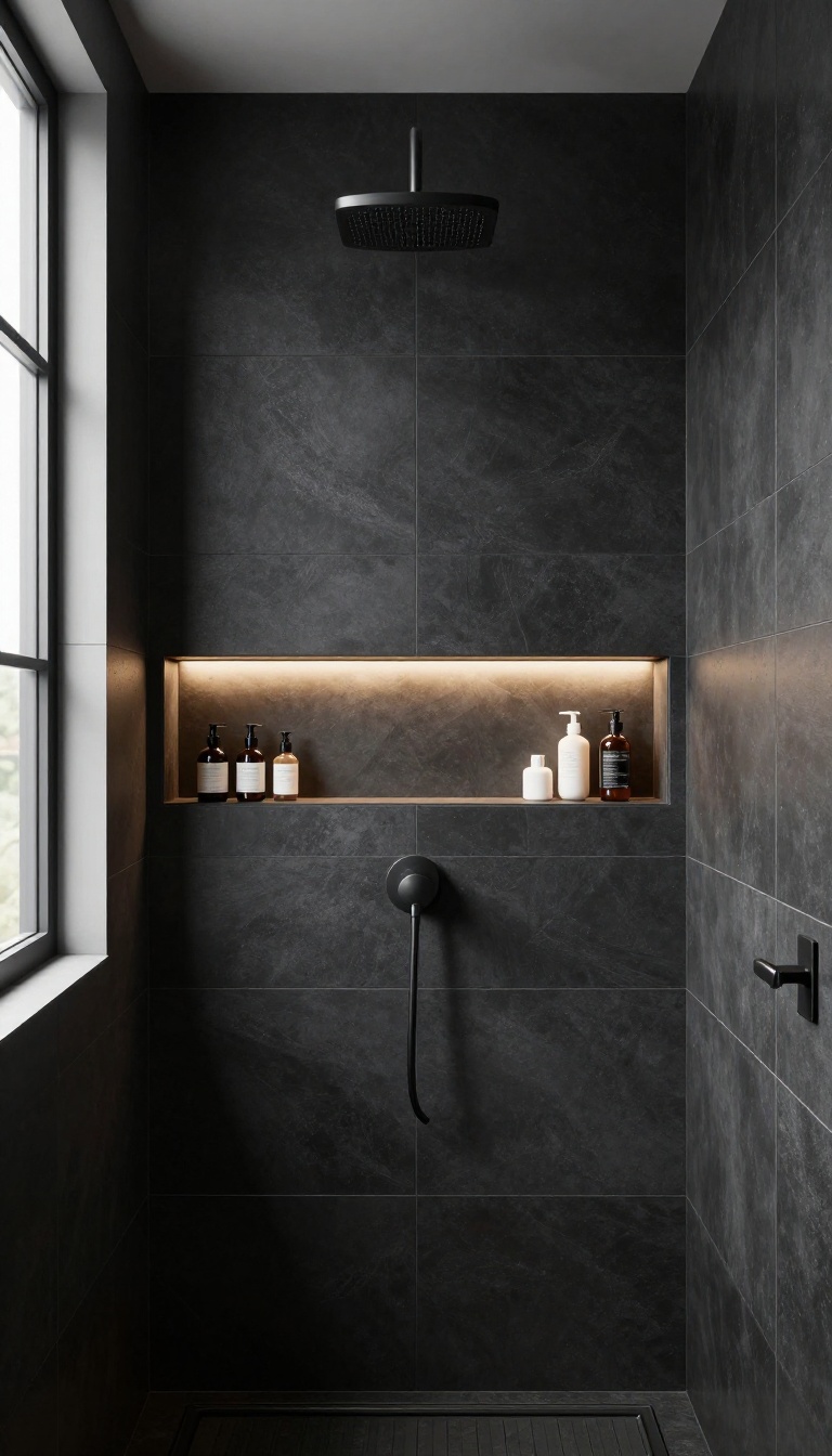 Black tile shower with a built-in niche lit by warm LED accent lighting