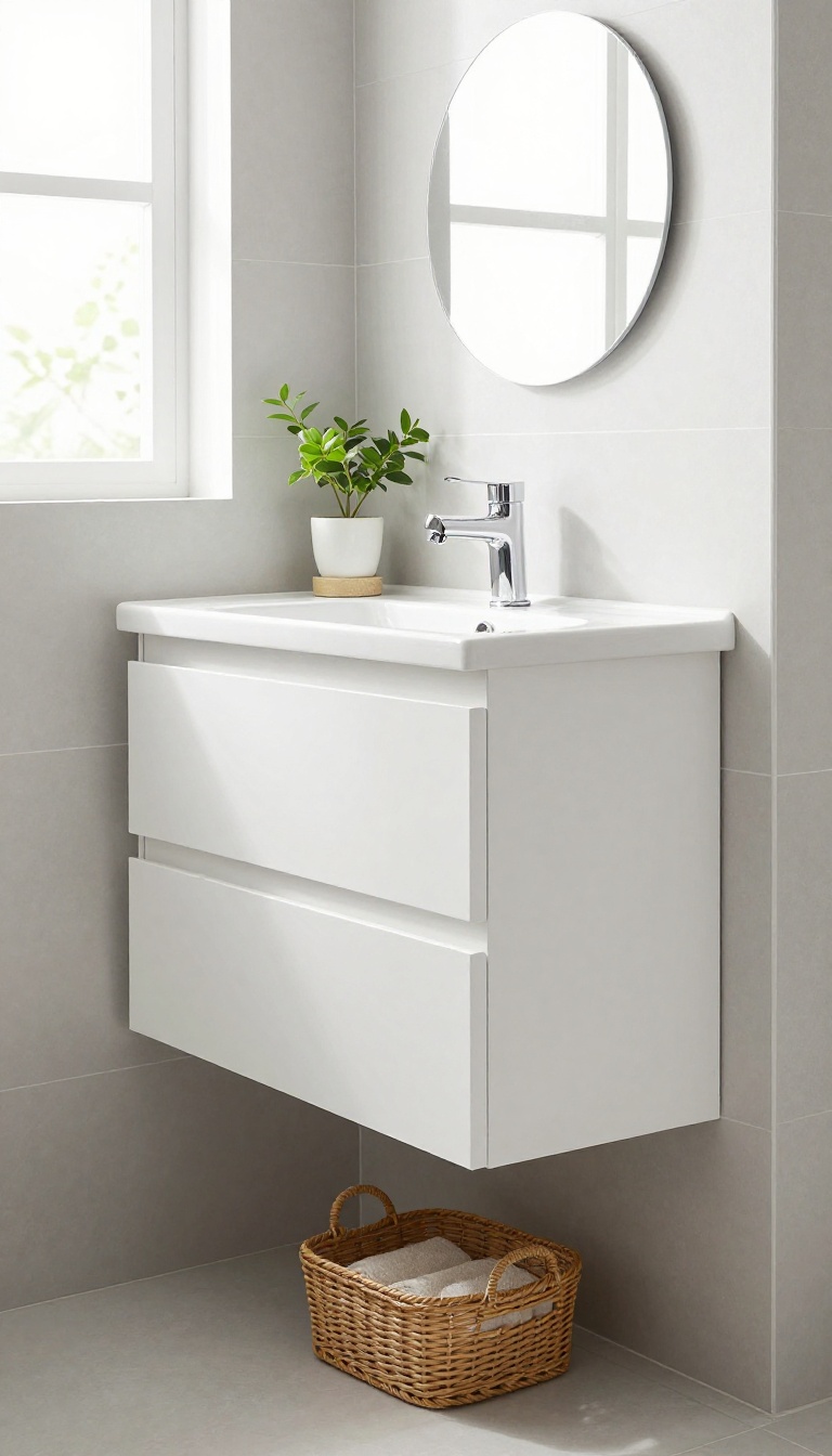Small shower room with a wall-mounted floating vanity, open space underneath, and a basket for towels, bright natural light.