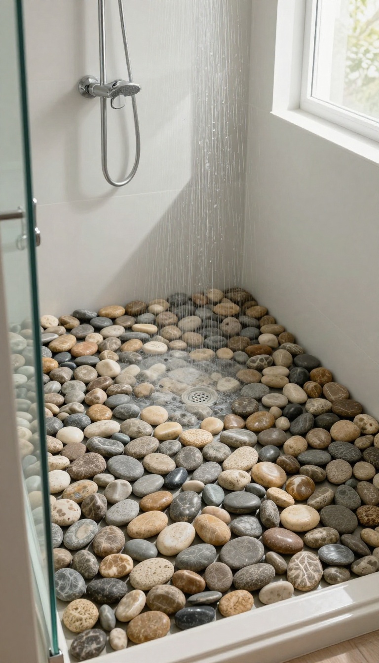 River rock blend shower floor with natural pebbles in a modern bathroom