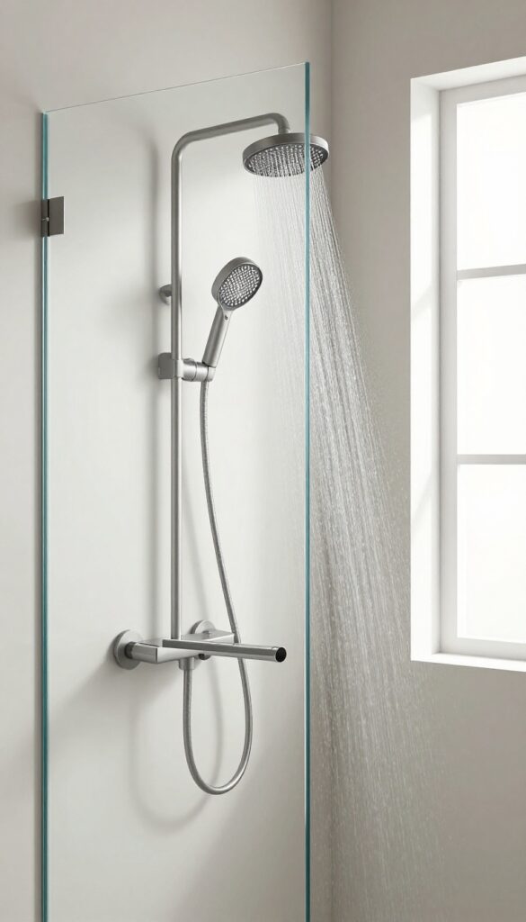 Hand shower on a slide bar in a modern neo angle shower, rinsing the glass panel