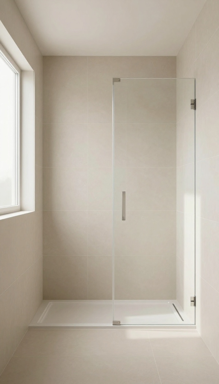 Modern walk-in shower with continuous beige tiles and no accent strip, bright and serene