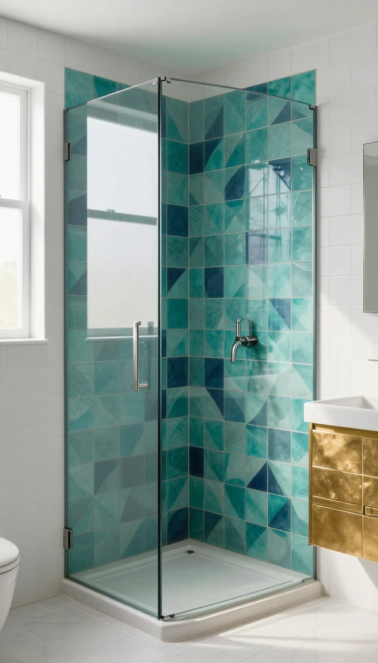 Small bathroom corner shower with bold geometric tile accent wall and gold-lined niche