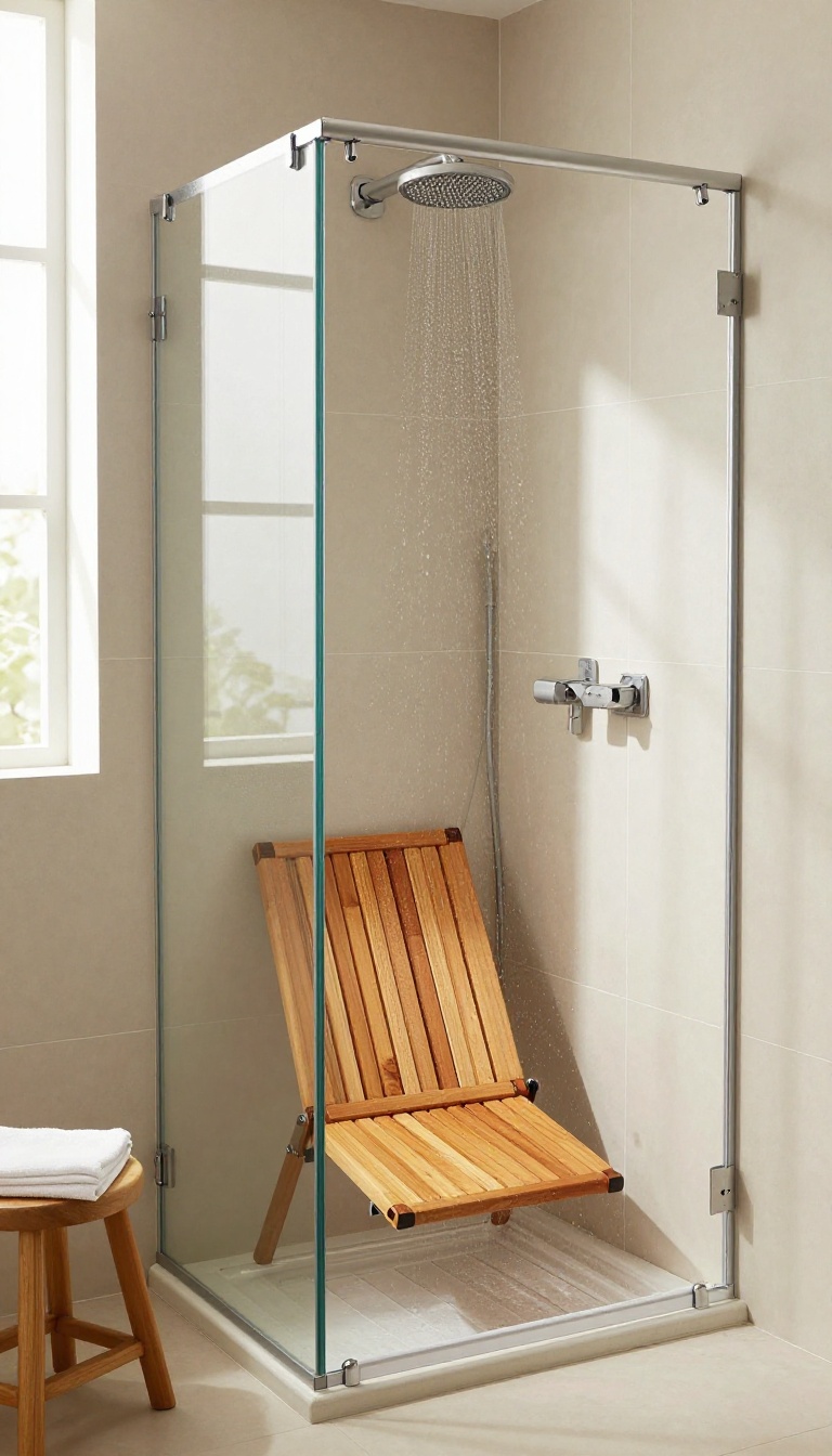 Small bathroom shower with a foldable teak seat folded down, wet from use, in bright natural light