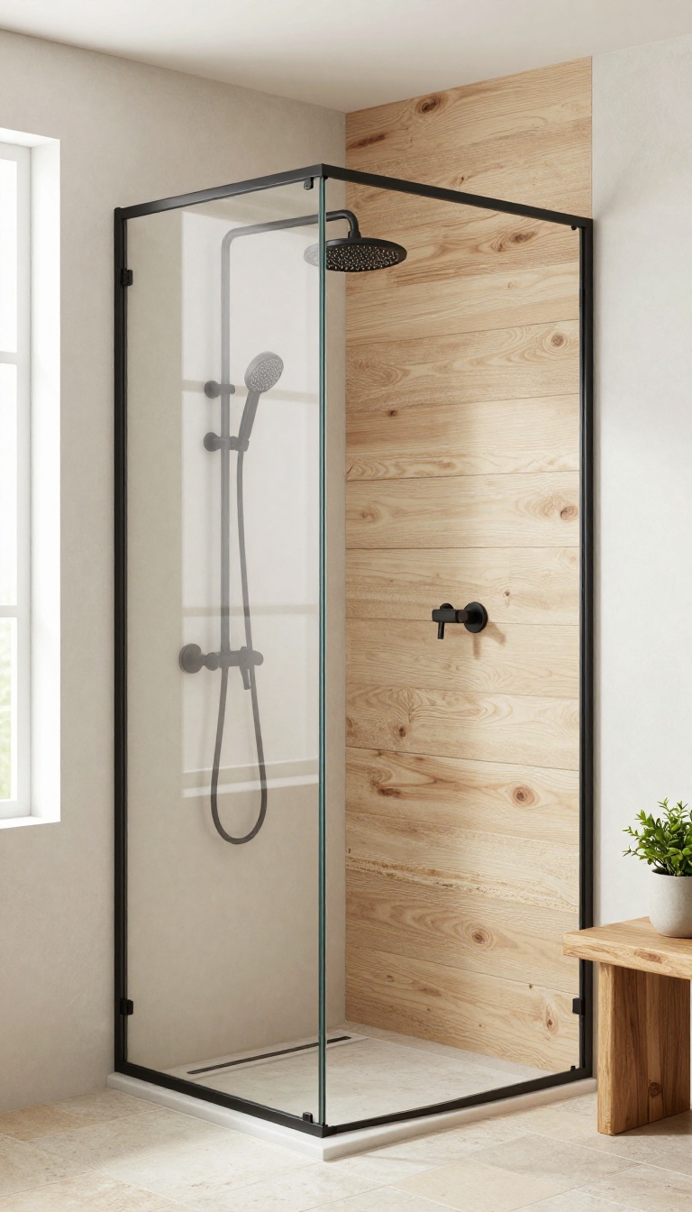 Rustic walk-in shower with matte black fixtures and light wood and stone materials.