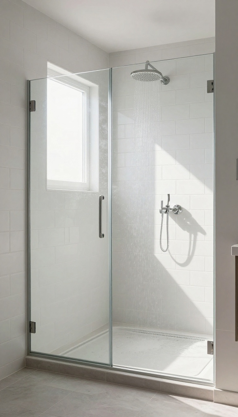 Modern bathroom shower with heated floor, warm tiles, and natural light