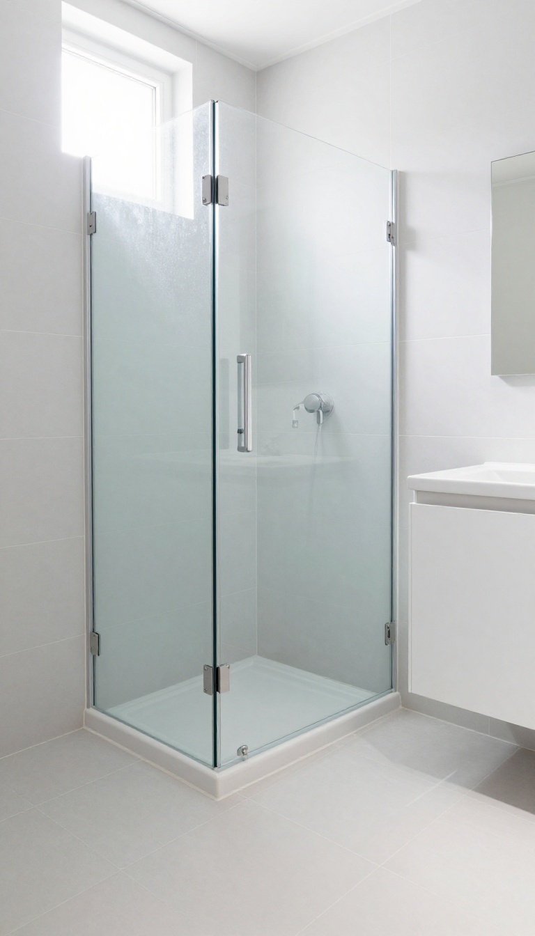 Small bright bathroom with large white tiles and a glass shower, showcasing a light and airy design.