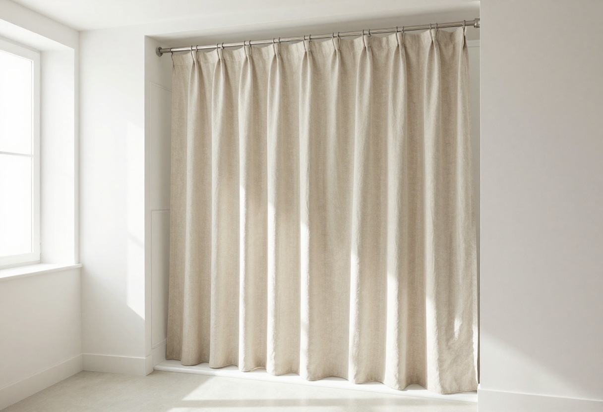 A high shower curtain in soft beige linen, hung close to the ceiling, in a bright bathroom with natural light.