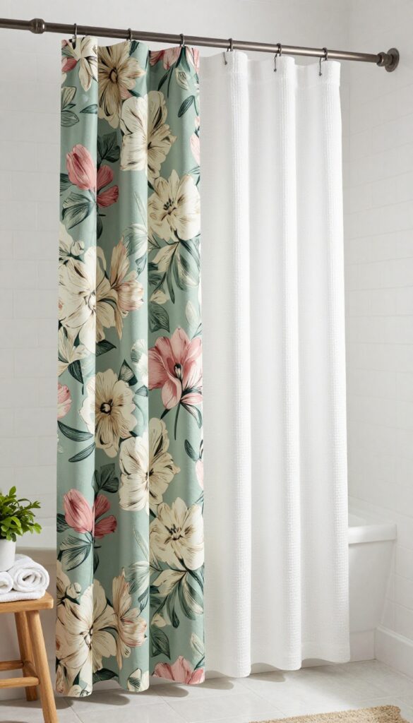 Bathroom with patterned shower curtain on outside and neutral white curtain on inside, natural light, stylish decor