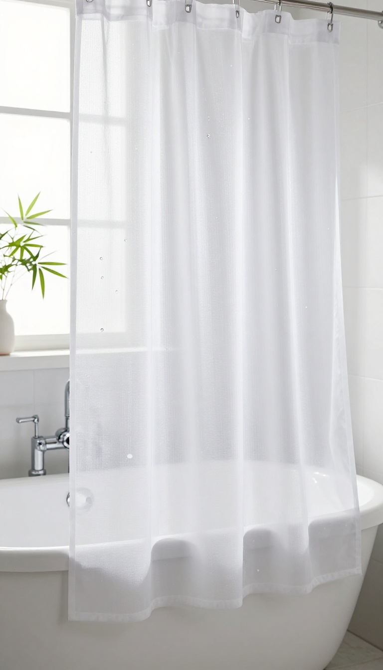 Modern bathroom with water-repellent shower curtain, water beading on the surface