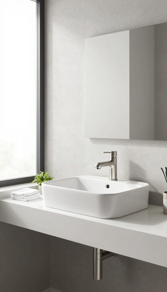 Modern bathroom with wall-mounted faucet and vessel sink on floating vanity, bright natural light