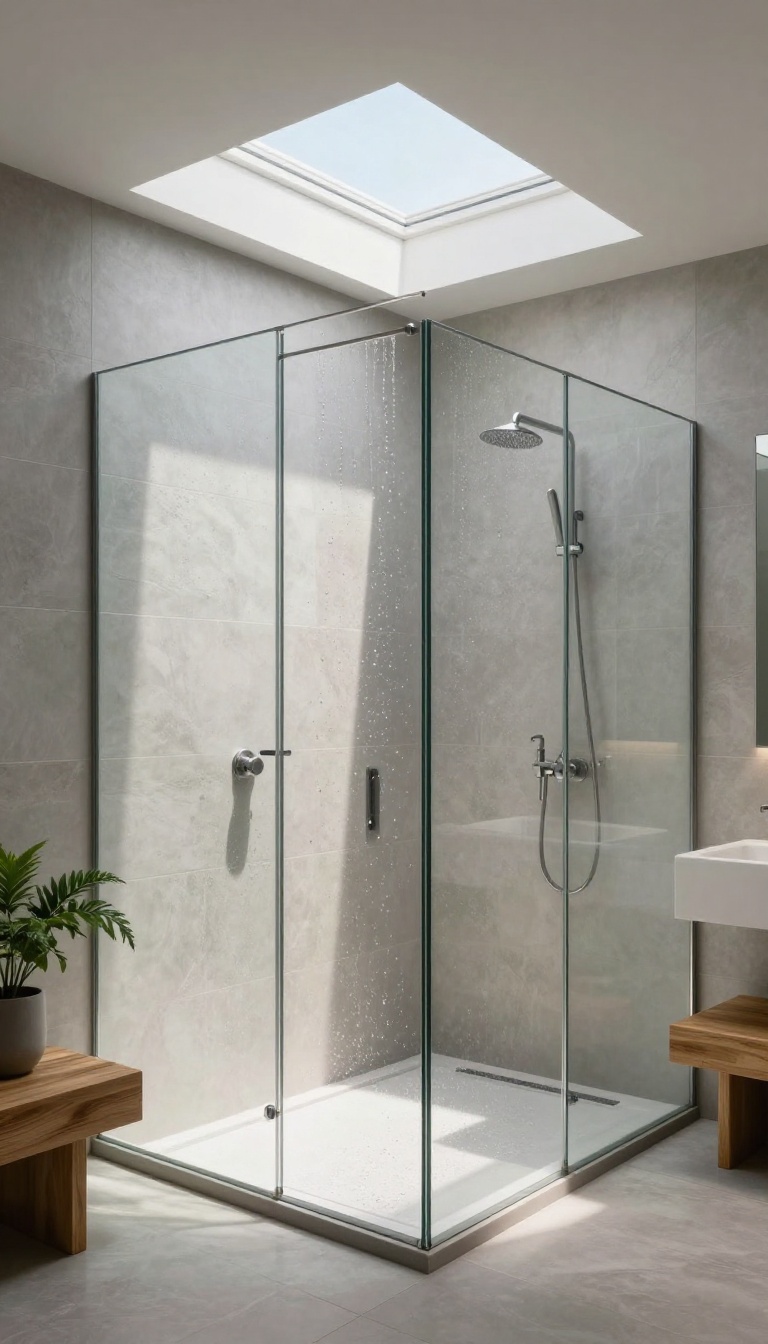 Open walk-in shower with skylight above, natural light streaming in, modern bathroom design