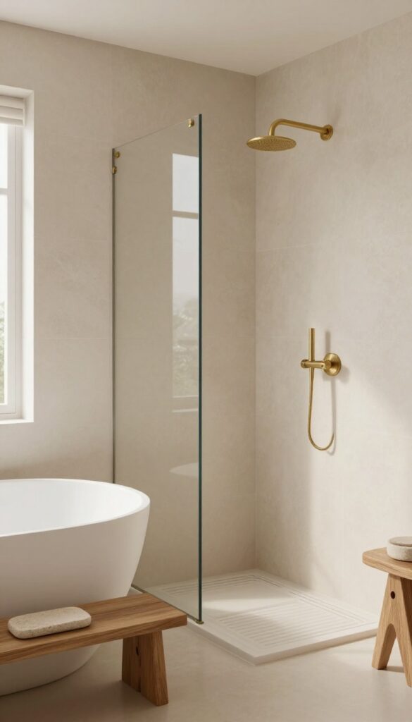 Matte beige textured tiles in a shower with wood accents and brass fixtures, creating a calm organic spa-like bathroom.