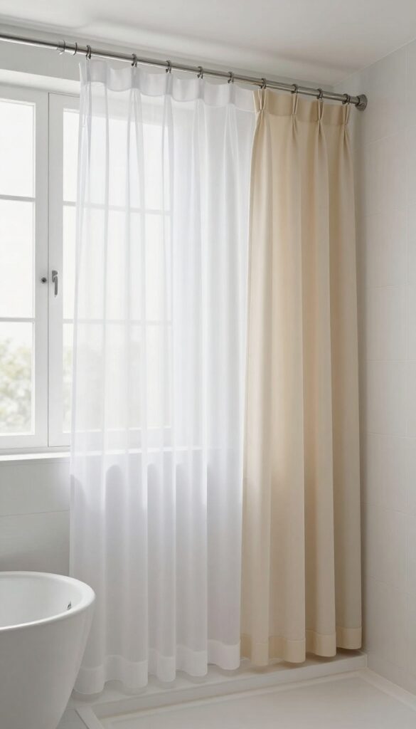Modern bathroom with a sheer white shower curtain in front and an opaque beige curtain behind, letting in soft light while providing privacy.
