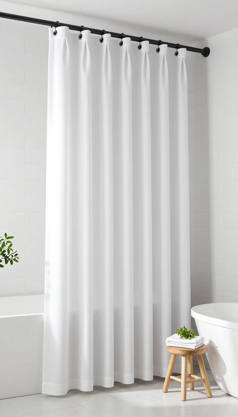A tall white shower curtain hanging from a high rod in a bright, modern bathroom, reaching the floor for a dramatic, elegant look.