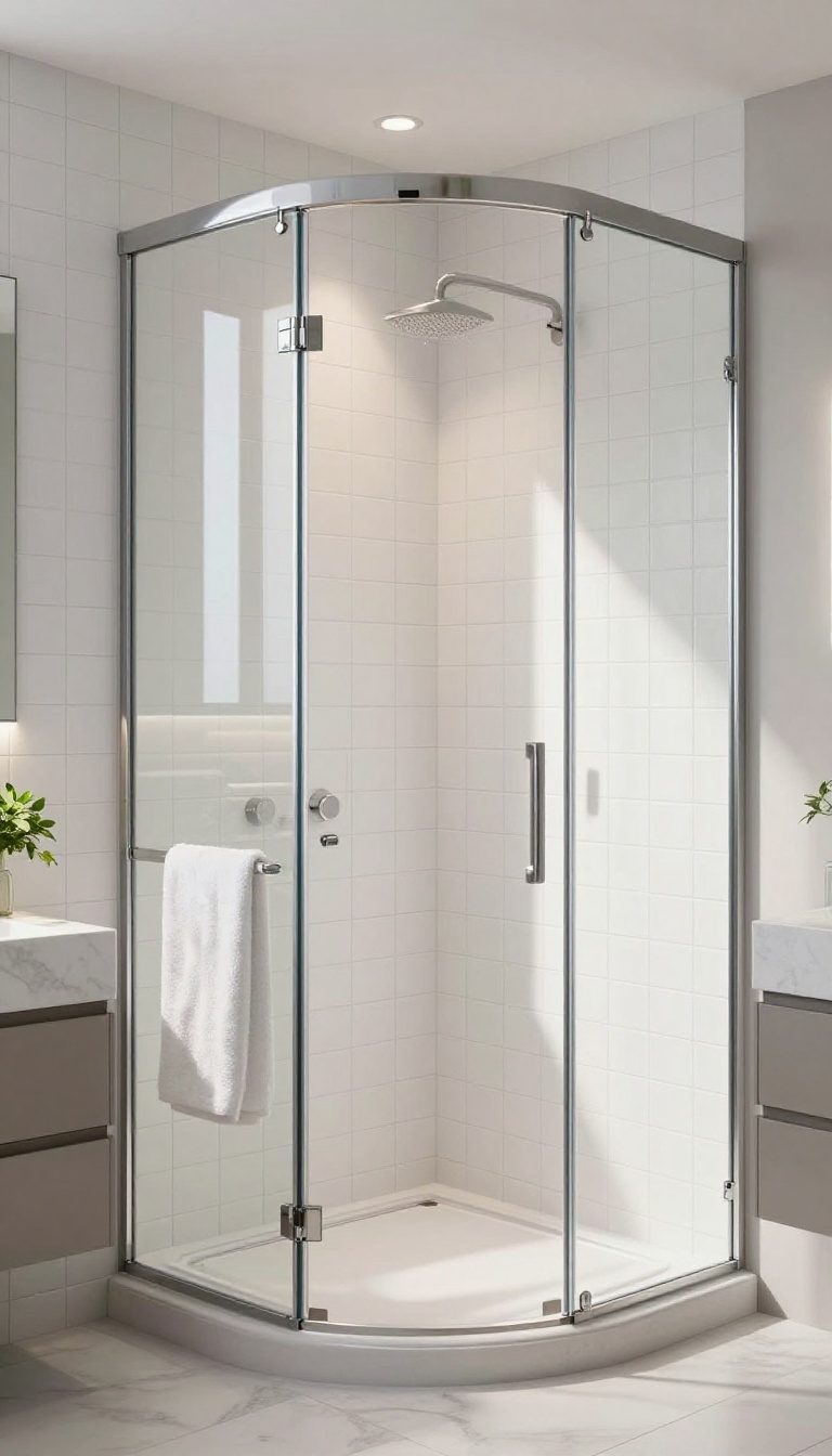 Modern bathroom with a curved frameless glass shower door, soft natural light, white tiles, and chrome fixtures.