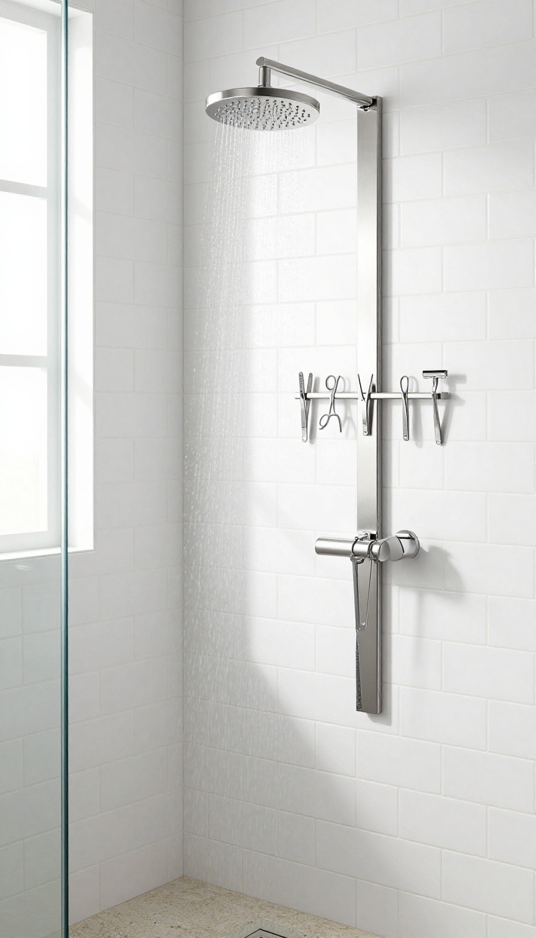 Modern shower with a magnetic strip holding metal grooming tools on a tile wall