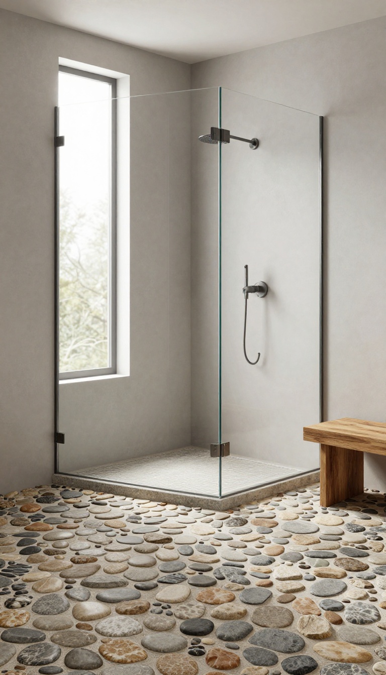 Rustic walk-in shower with pebble stone floor and sleek glass enclosure