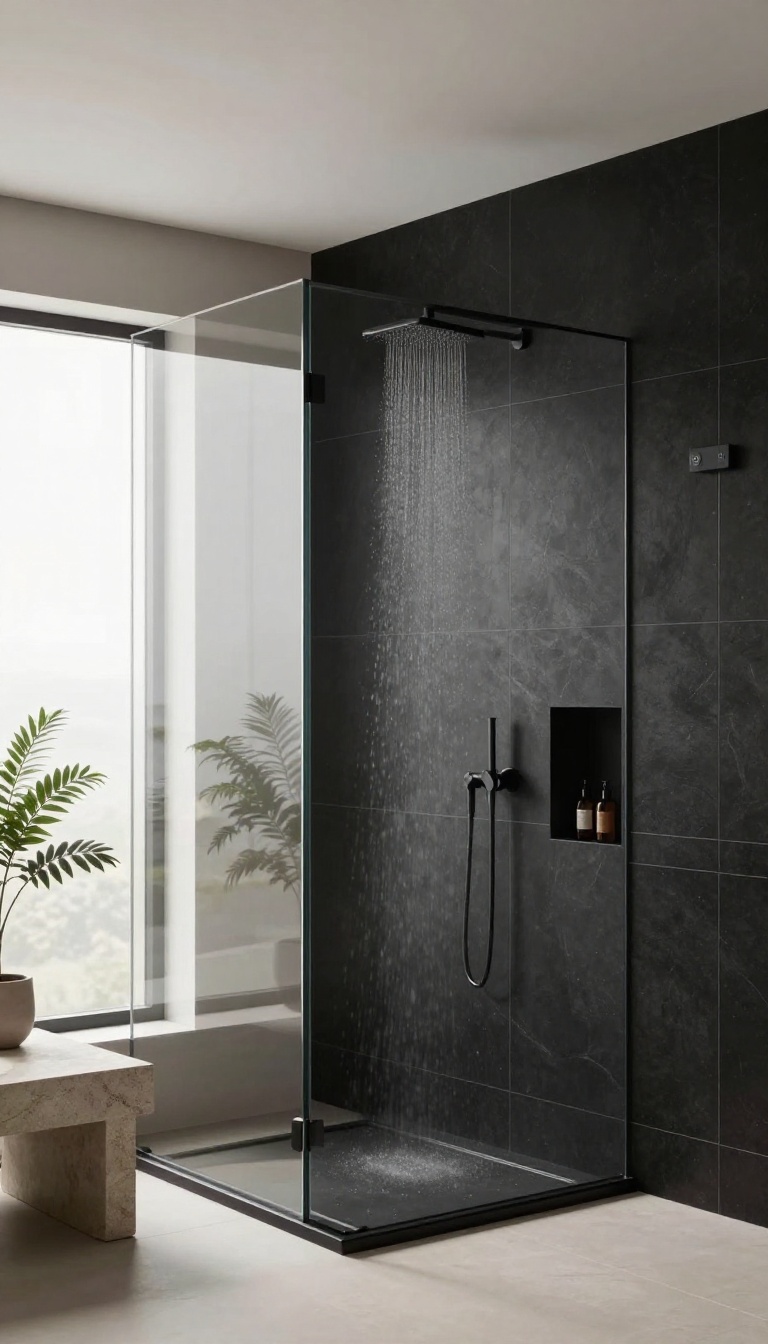 Large-format black tile shower with seamless look and minimal grout lines