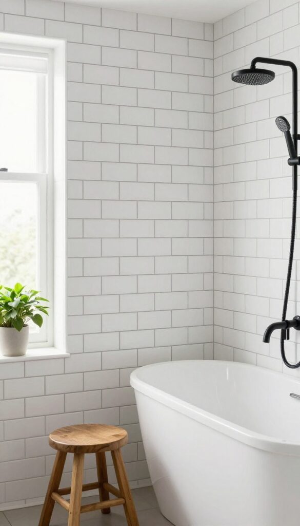 White subway tile with dark grout in a bright bathroom with a bathtub and shower