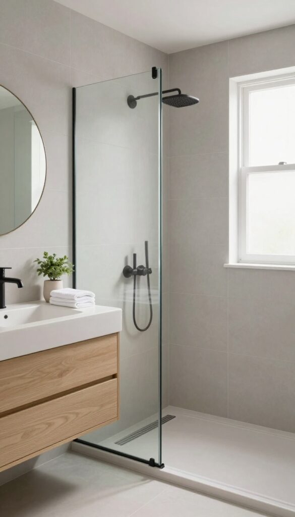 Small bathroom with curbless shower and seamless floor tiles